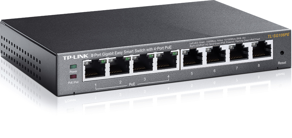 TP-Link TL-SG108PE 8-Port Gigabit Easy Smart PoE+ Switch – 8× RJ45 10/100/1000Mbps, 4× PoE+ 802.3af/at, 30W/Portë, 64W PoE Budget, VLAN, QoS, Fanless – E Zezë