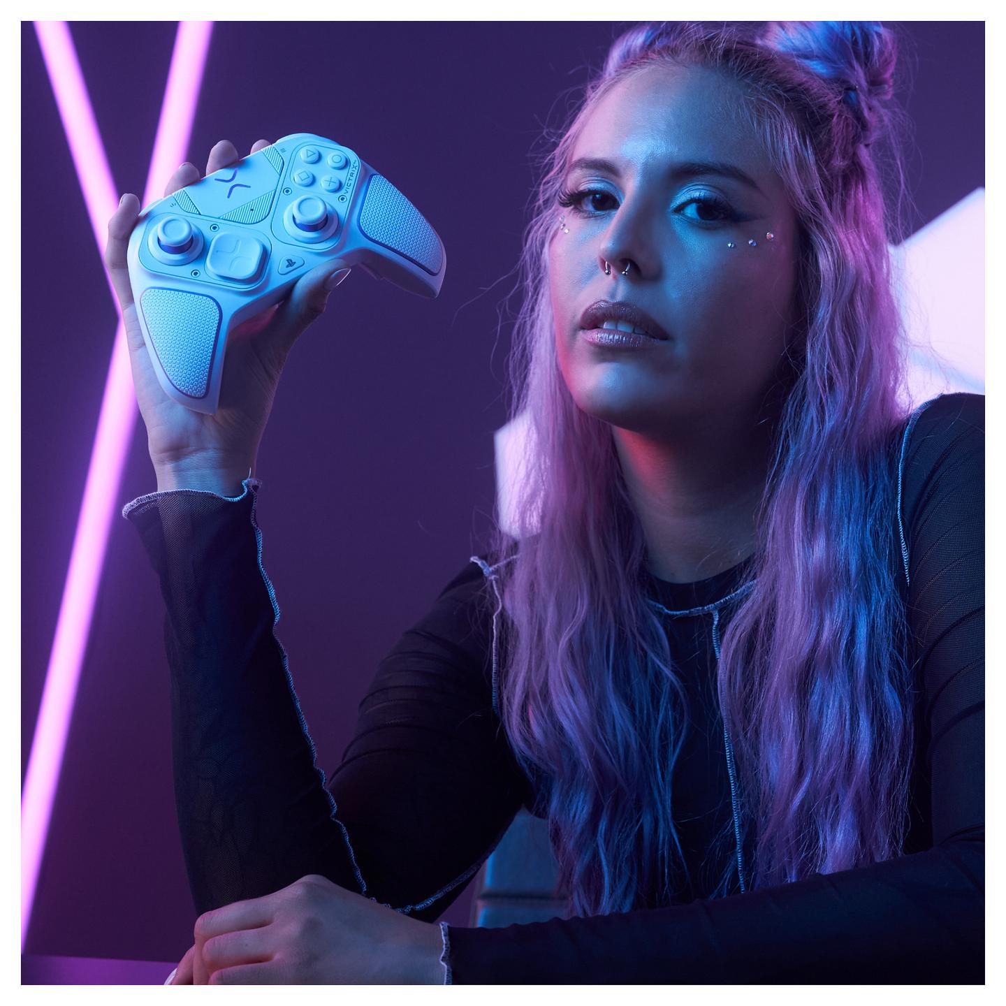 Kontroller Gaming PDP Victrix Pro BFG / 052-002-WH / Wireless + USB-C / PS5, PS4 & PC / Modular / 2000 mAh / 20 orë – Bardhë/Vjollcë - 11