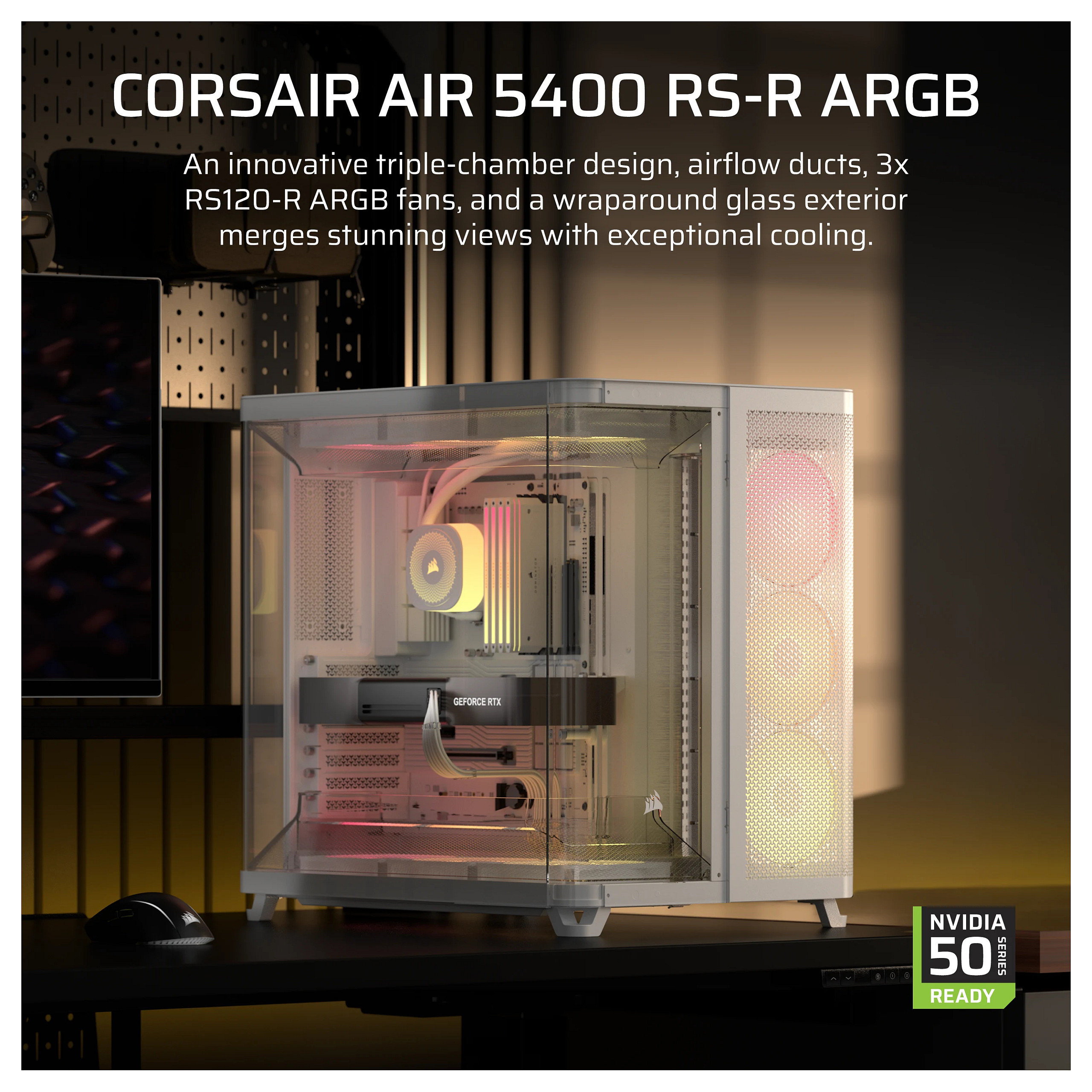 Kasë PC Corsair AIR 5400 RS-R ARGB / Midi Tower / E-ATX + ATX / 3x 120mm RS-R ARGB Fan / Tempered Glass - Bardhë - 2