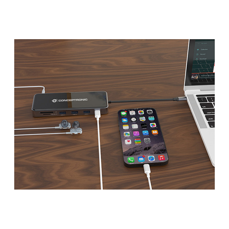 Docking Station CONCEPTRONIC 12-në-1 USB-C në 2xHDMI/3xUSB-A/AUX - Hiri - 6