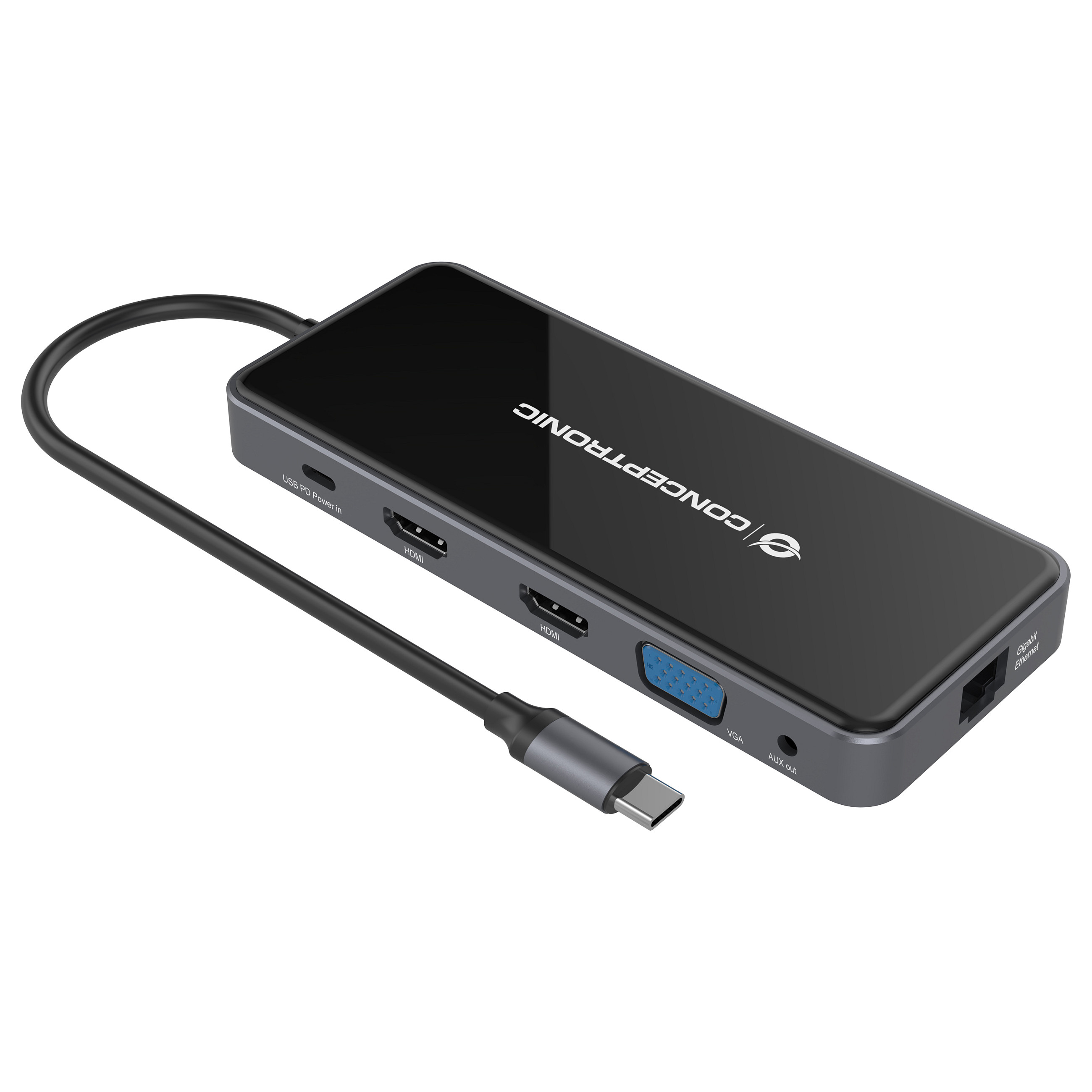 Docking Station CONCEPTRONIC 12-në-1 USB-C në 2xHDMI/3xUSB-A/AUX - Hiri - 7