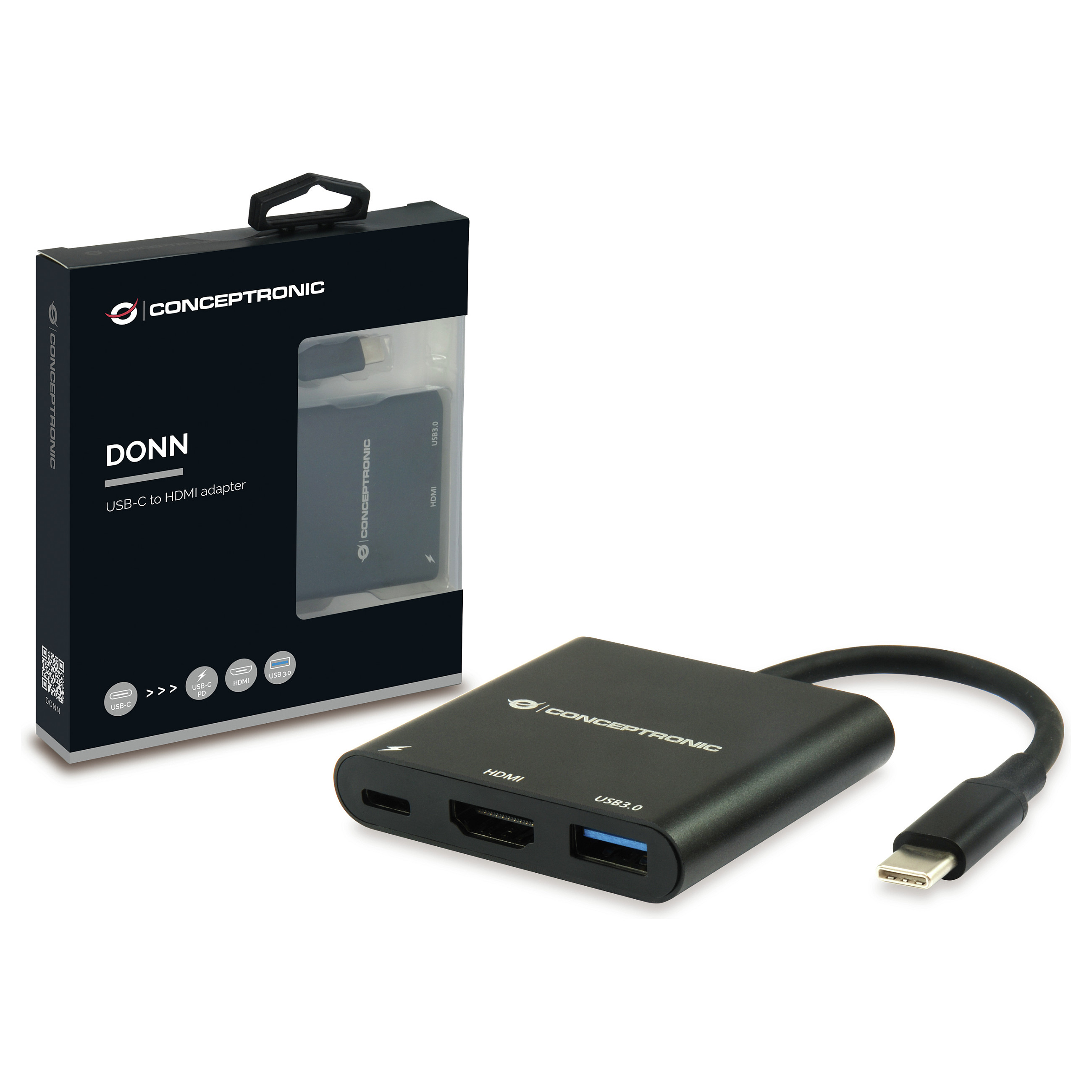 Hub Udhëtimi CONCEPTRONIC 3-në-1 USB-C në HDMI/USB-A 60W PD - Zezë - 5