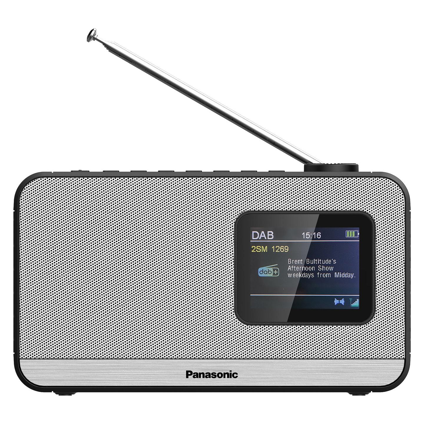 Radio portative Panasonic RF-D15, DAB+, FM, Tuner digjital, 3 W RMS, Ekran LCD 2,4", Kontroll rrotullues i volumit, Bateri AA - Zezë, argjend