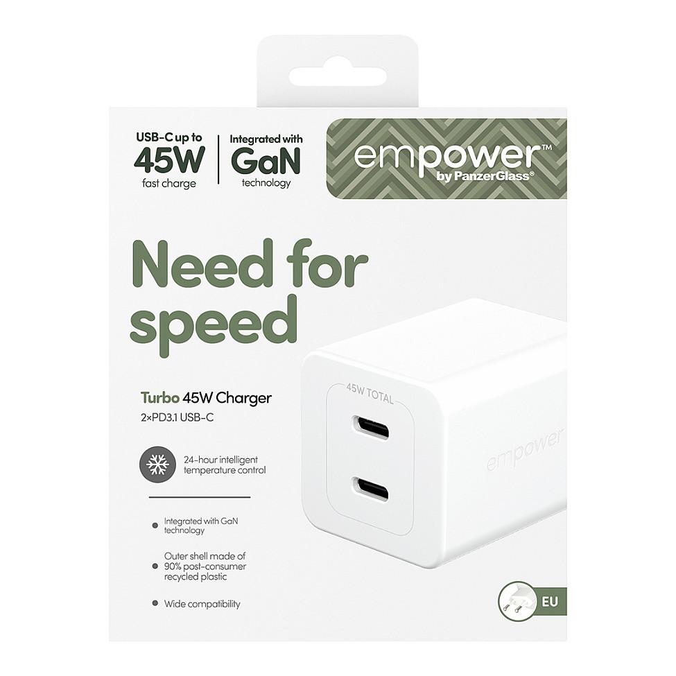 Karikues empower by PanzerGlass EM58685, Turbo 45W, GaN, 2x USB-C, PD 3.1, EU -Bardhë - 3