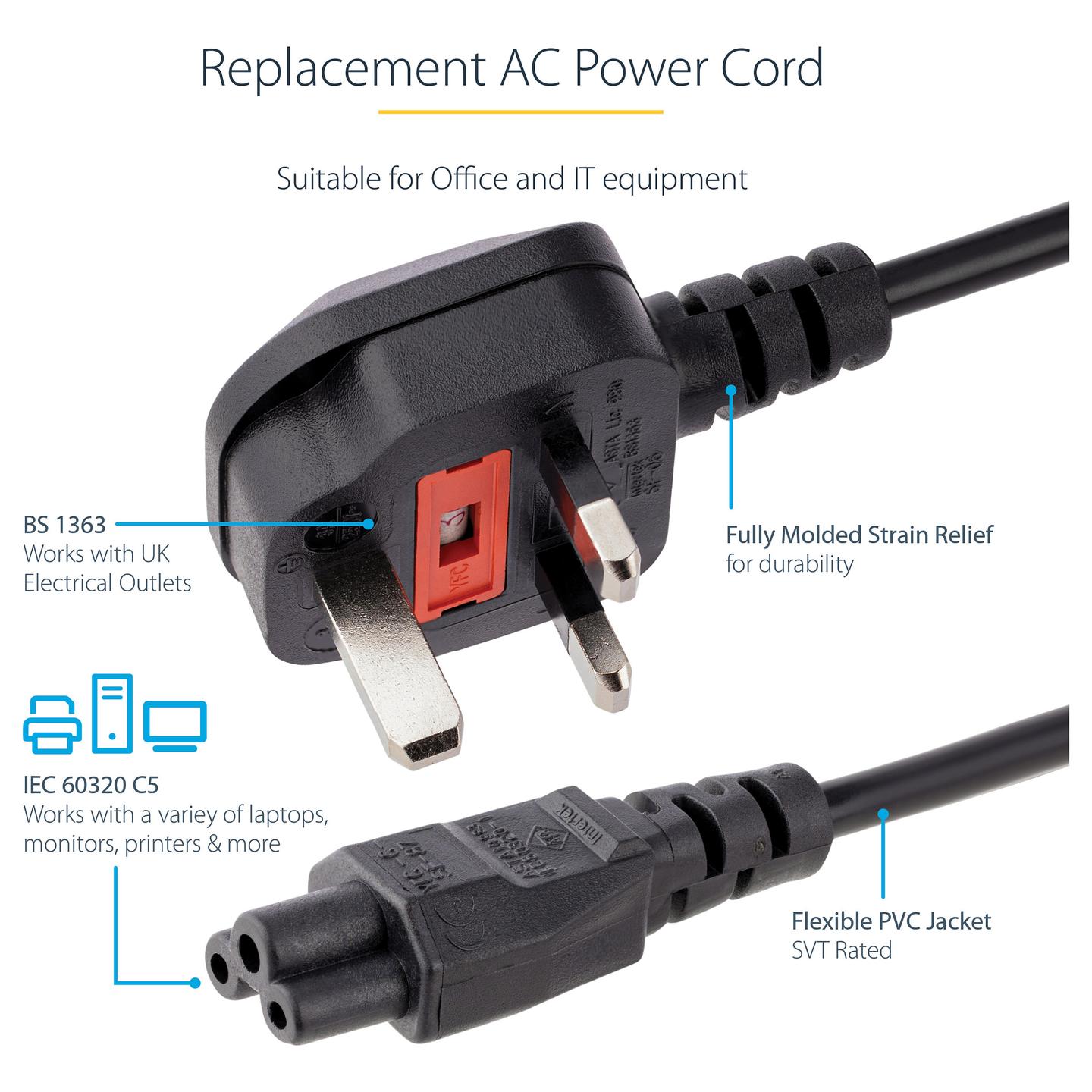 Kabllo për Furnizim me Energji StarTech.com PXTNB3SUK1M / BS 1363 - C5 / 18 AWG / 250 V / 2.5 A / 1m - Zezë - 6