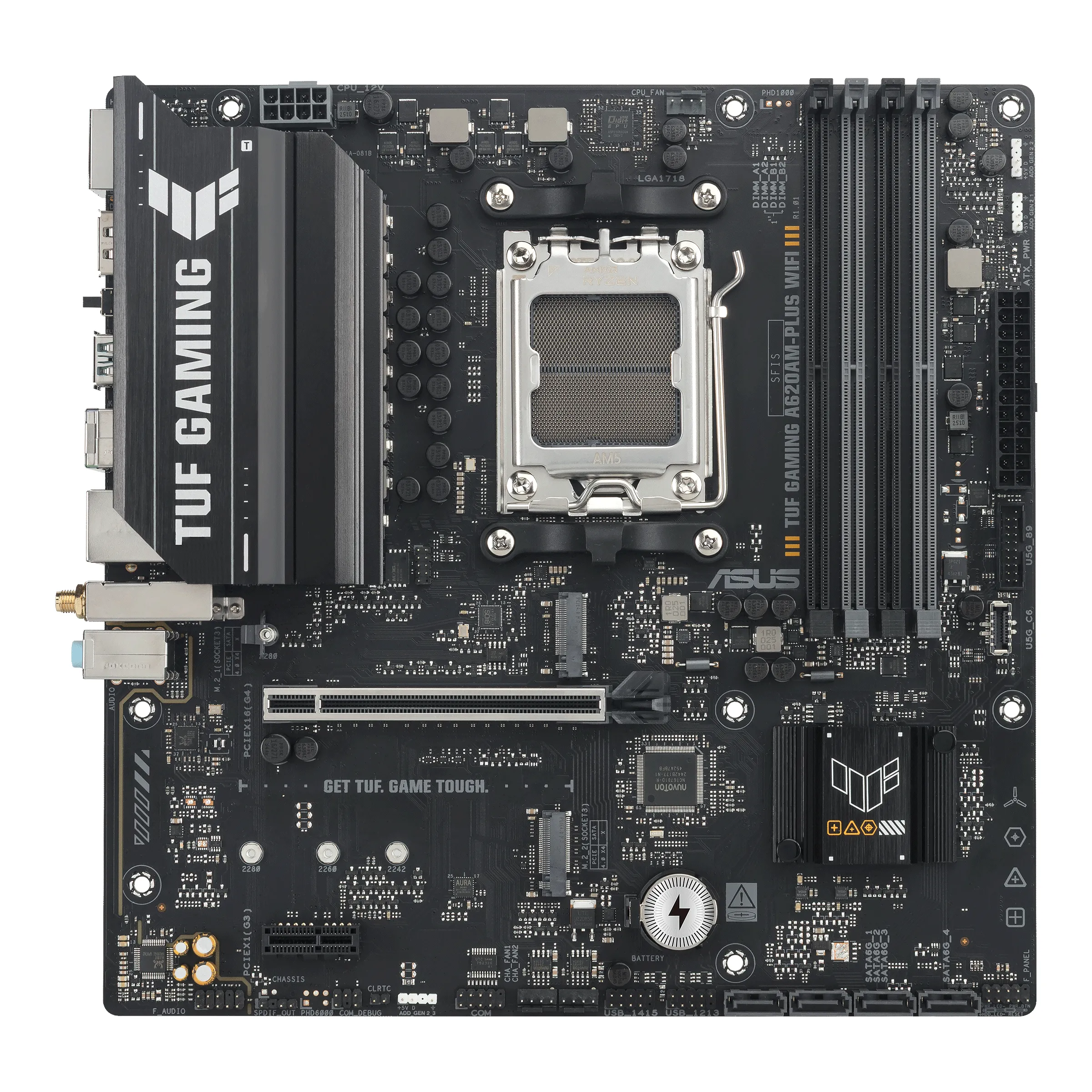 Pllakë Amë ASUS TUF GAMING A620AM-PLUS WIFI / AMD AM5 / A620A / DDR5 / Micro-ATX / Wi-Fi 6 / Bluetooth / 2.5GbE LAN / PCIe 4.0 / 2x M.20