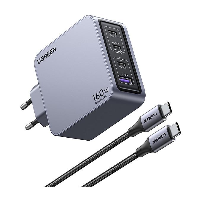 Karikues UGREEN Nexode Pro 25877 / GaN / 160W / 3x USB-C / USB-A / PD 3.1 / USB-C Cable - Gri/Zezë