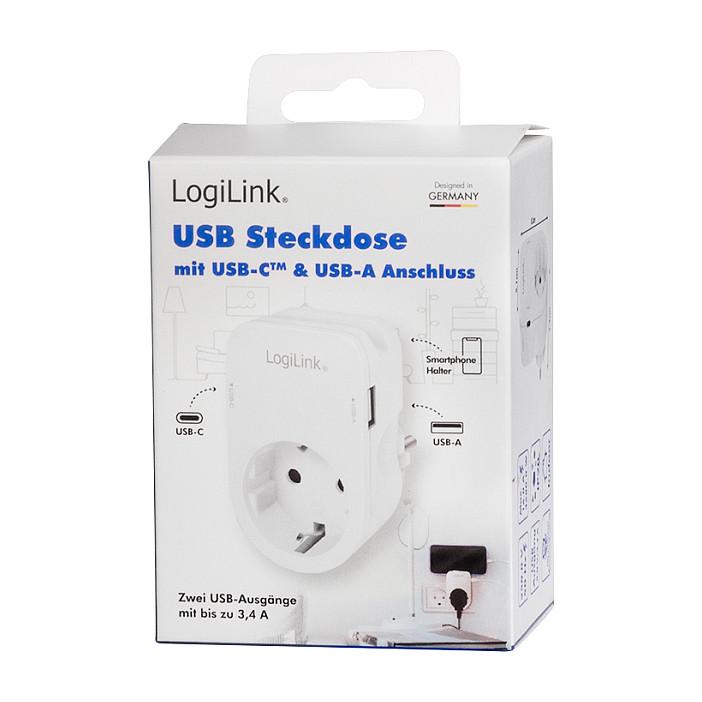 Adapter USB LogiLink PA0259 / 1x USB-A / 1x USB-C / 17W / Prizë CEE 7/3 / Mbajtëse Smartphone – Bardhë - 9