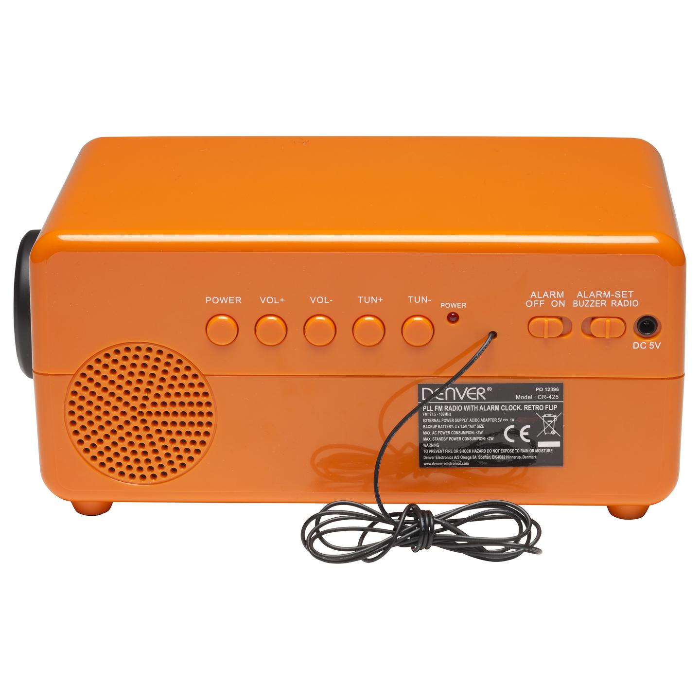 Radio me orë dhe alarm Denver CR-425, FM PLL, ekran me shifra retro, zgjim me radio ose sinjal zanor, bateri rezervë AA - Portokalli - 6