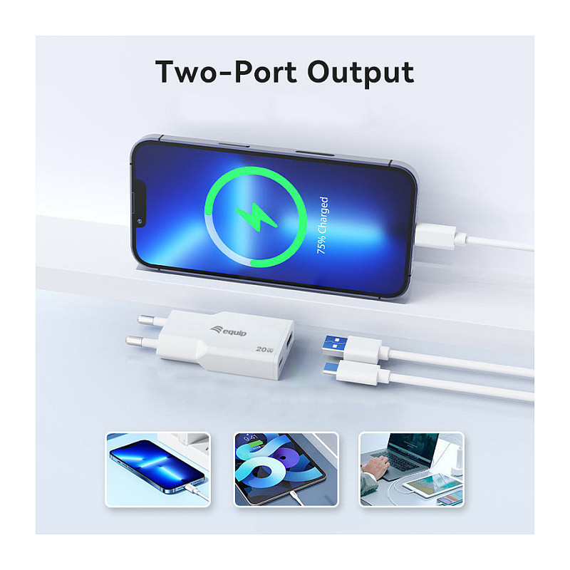Karikues GaN Equip 245522 / USB-C / USB-A / 20W / Power Delivery 3.0 / Quick Charge 3.0 – Bardhë - 6