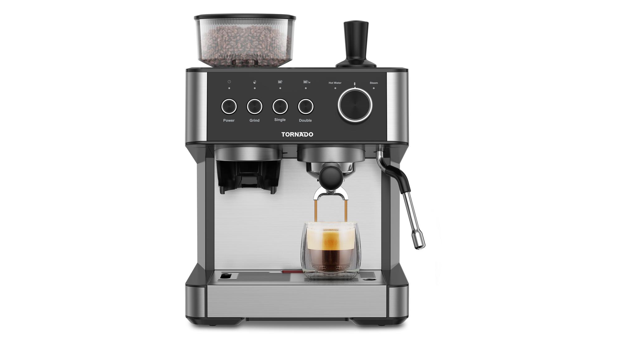 Aparat për kafe Tornado TCM5431-GS / Portafilter / 20 Bar / 2.3L – Zezë/Argjend