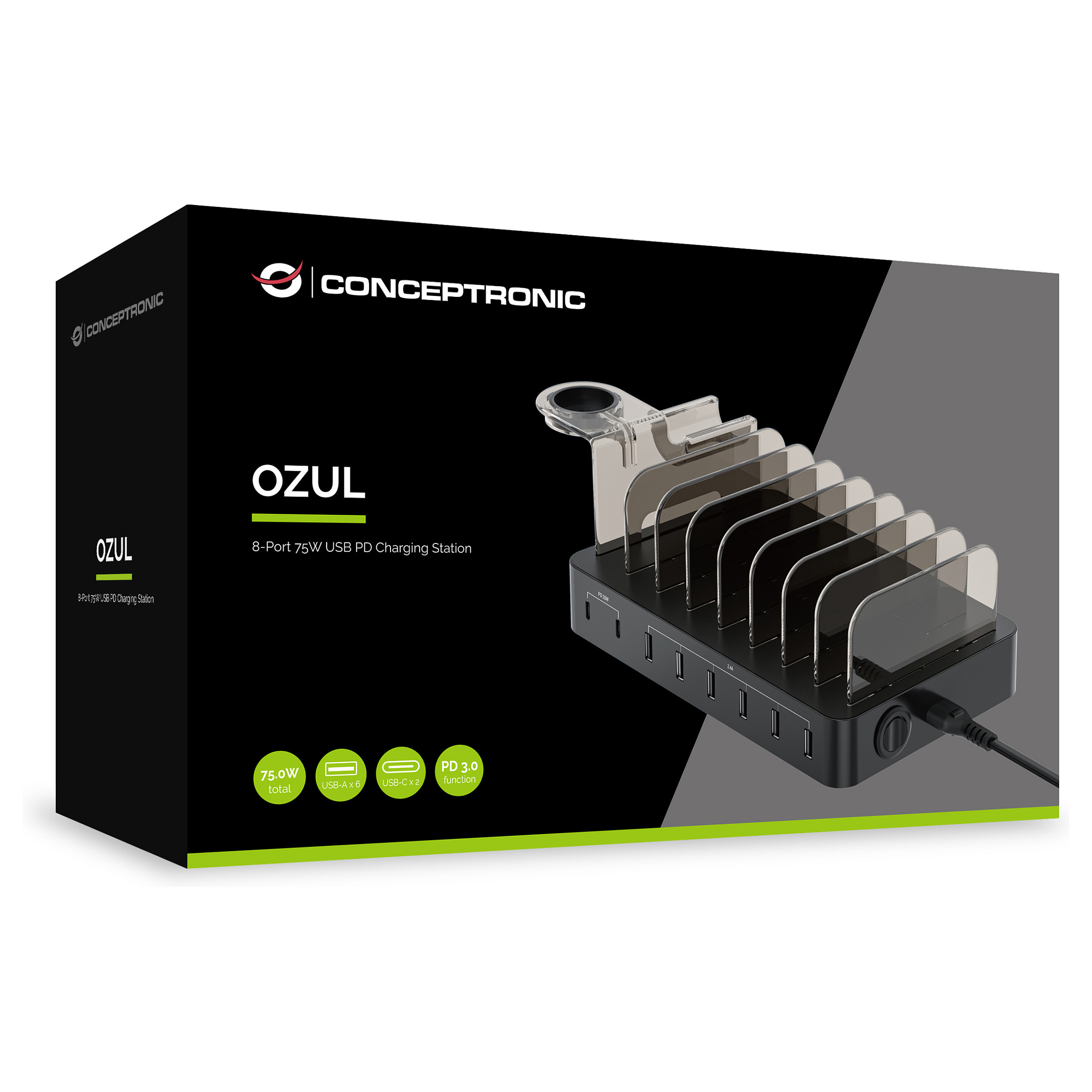 Conceptronic 8-Port USB Charger  6x USB-A / 2x USB-C – 75W PD / 3.0 – Zezë - 3