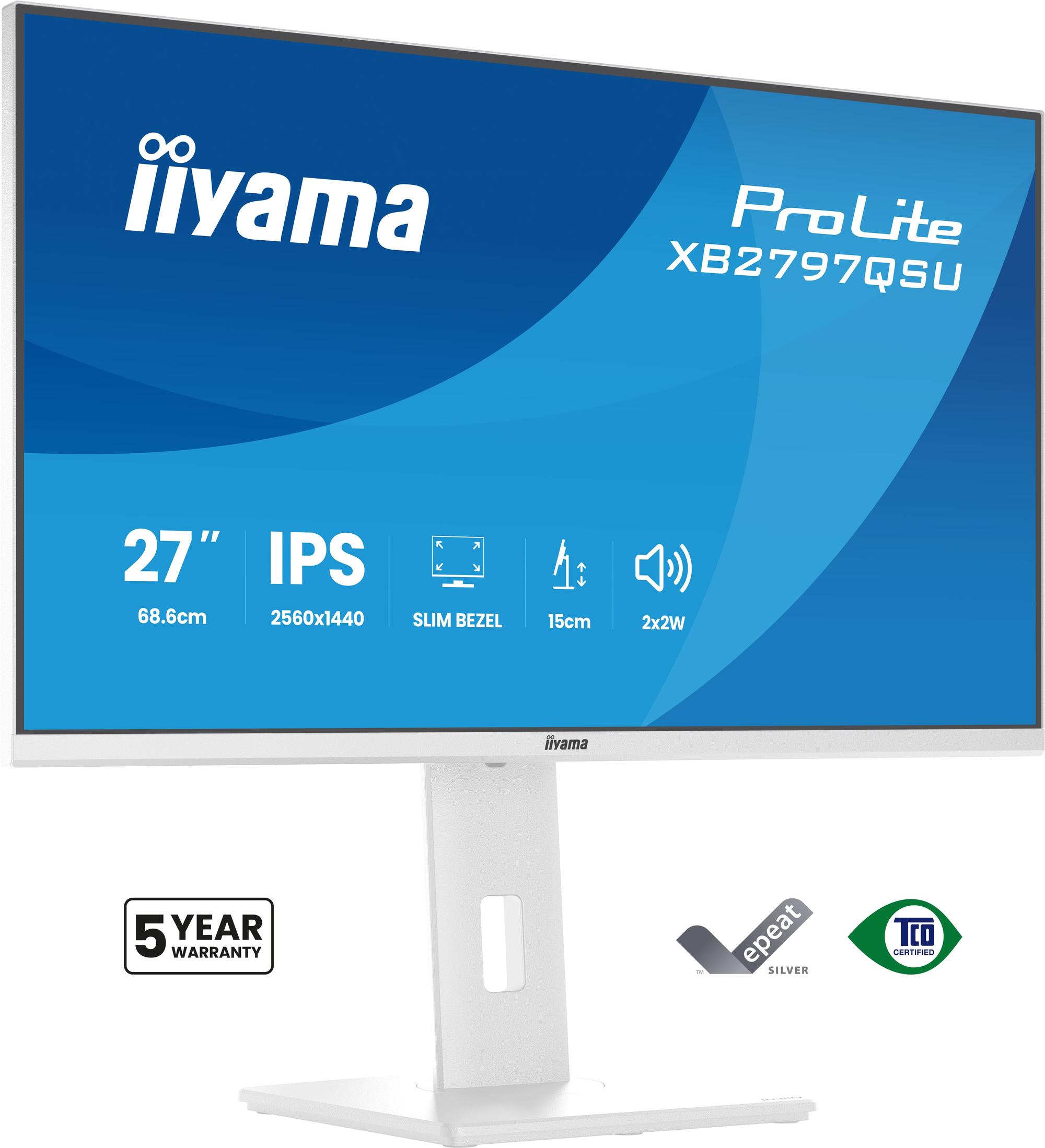 Monitor iiyama ProLite XB2797QSU-W1 / 27" / QHD IPS / 75 Hz / 1 ms / HDMI + DisplayPort + USB – Bardhë