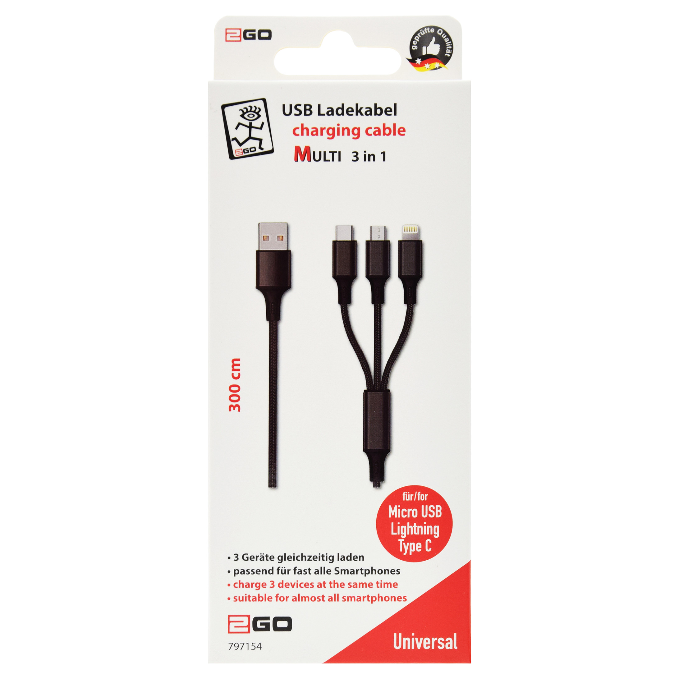 Kabllo USB 2GO 797154 / USB-B në USB-C, Micro-USB-B & Lightning / USB 3.0 / 3m – Zezë - 2