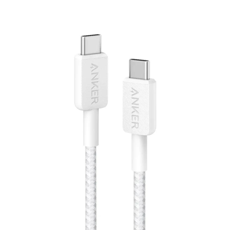 Kabllo USB Anker 322, USB-C Mashkull në USB-C Mashkull, 60W, 90cm, Braided - Bardhë