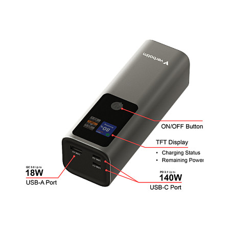 Verbatim Charge ‘n’ Go 27000mAh Powerbank Grey USB-C PD 140W Fast Charging Portable Power Bank Laptop Phone Charger TFT Display - 6