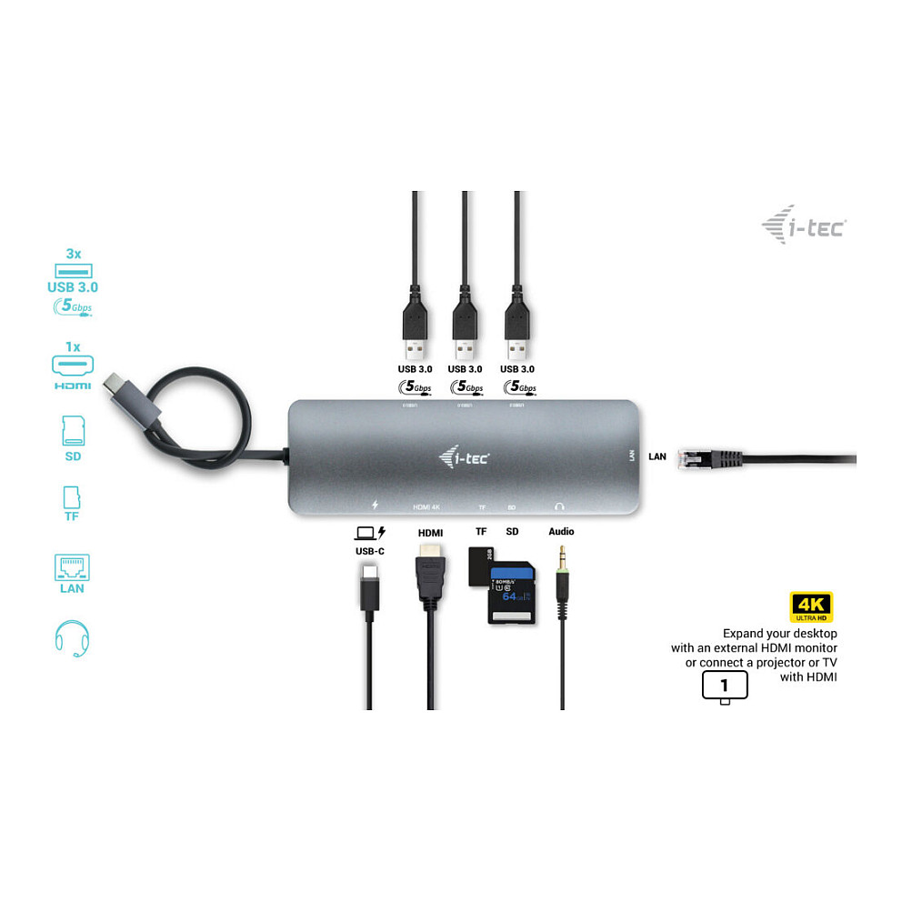 Docking Station D‑i‑tec Metal USB‑C Nano / 4K / HDMI+LAN+Power Delivery - 8