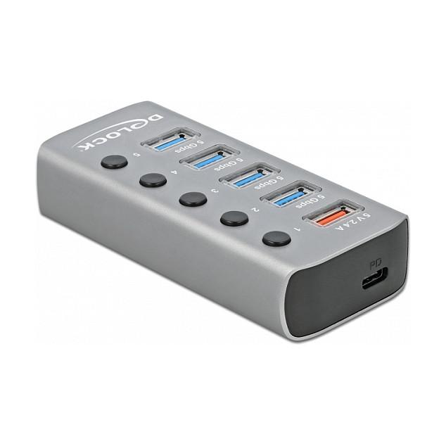 Hub DeLOCK 63263, 4x USB-A, USB 5Gbps, USB-A Karikim 2.4A, USB-C PD 3.0, 5x Ndërprerës, Furnizim i Jashtëm - Gri - 3