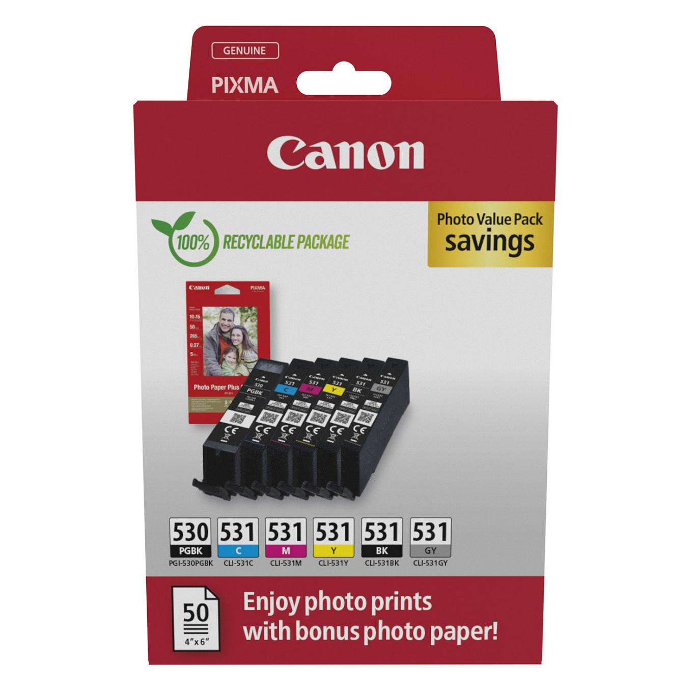 Set Ink Canon PGI-530/CLI-531 PVP 6117C004, 6 fishekë boje dhe 50 fletë letër fotografike