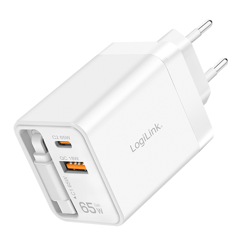 Adapter LogiLink PA0401 / 65W / GaN / 1x USB-A QC / 1x USB-C / 1x USB-C Kabel PD – Bardhë