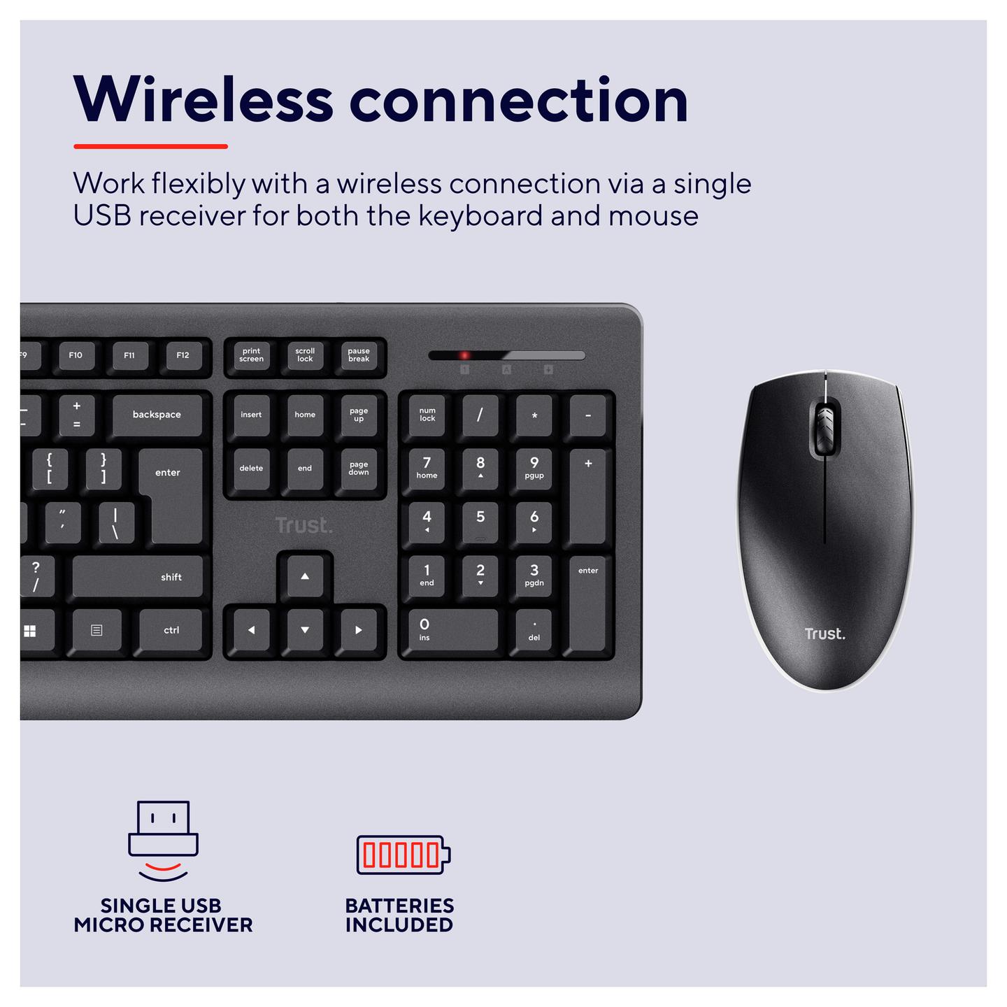 Combo (Tastierë & Maus) Trust Primo, Wireless, Full Size, QWERTZ Gjerman, Membrane, 1200 DPI - Zezë - 8