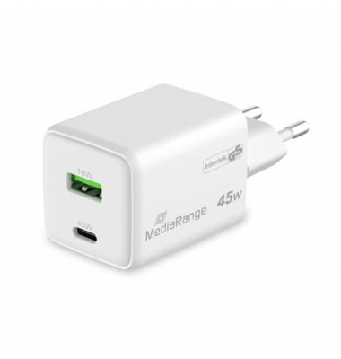 Karikues MediaRange MRMA113-2 / GaN / 45W / USB-C / USB-A / PD 3.0 / QC 3.0 - Bardhë
