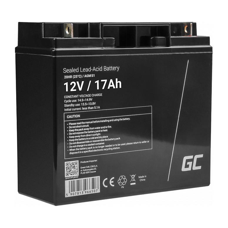 Bateri AGM Green Cell AGM51, 12 V, 17 Ah, VRLA, Pa Mirëmbajtje – Zezë