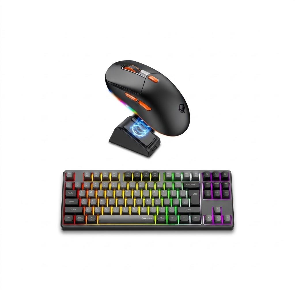 Tastierë Gaming Meetion MK14 Wired & Wireless, US Layout + Maus Gaming Meetion GW38 with Magnetic Charging Dock 