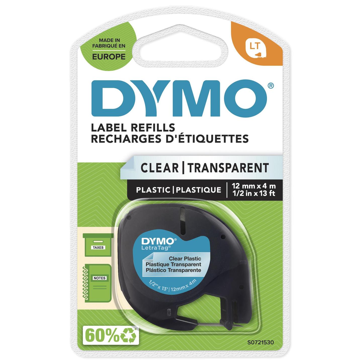 Shirit për Printer DYMO LetraTag S0721530 / 12mm / 4m / Plastik / Tekst i Zi – Transparent - 2