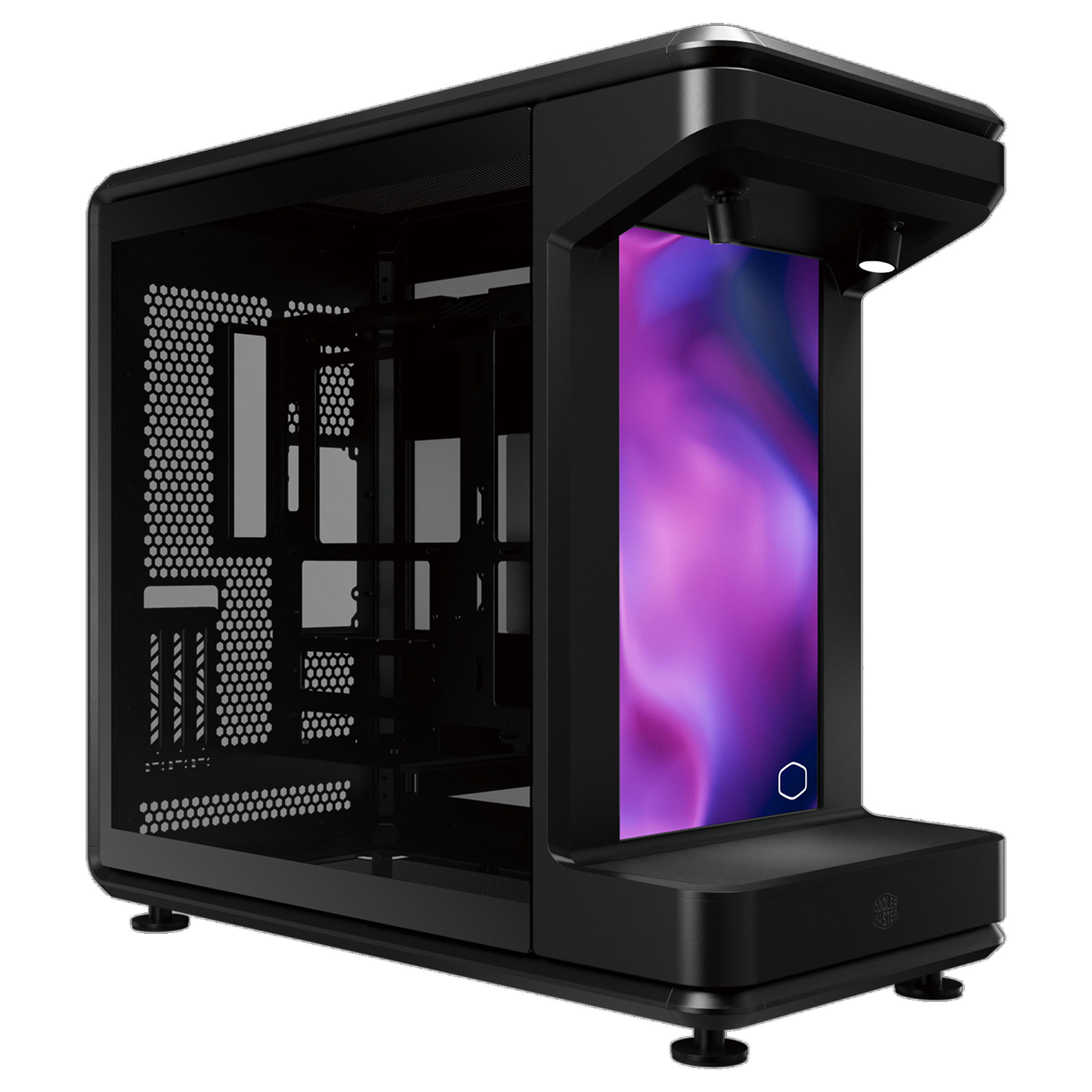 Kasë PC Cooler Master MasterFrame 360 STAGE LCD / Mid Tower / ATX / 12x 120mm Fan Support / Tempered Glass / 15.6" LCD / PCIe 5.0 Riser / 360mm Radiator - Zezë