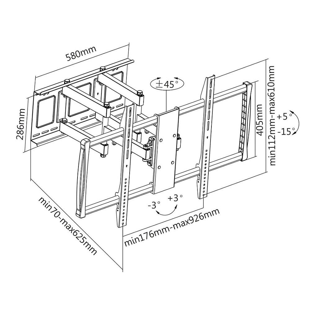 Mbajtëse Muri për TV Manhattan 461221 / 60"-100" / 80kg / Full Motion / Tilt -15° deri +5° / Swivel ±45° - Zezë - 13