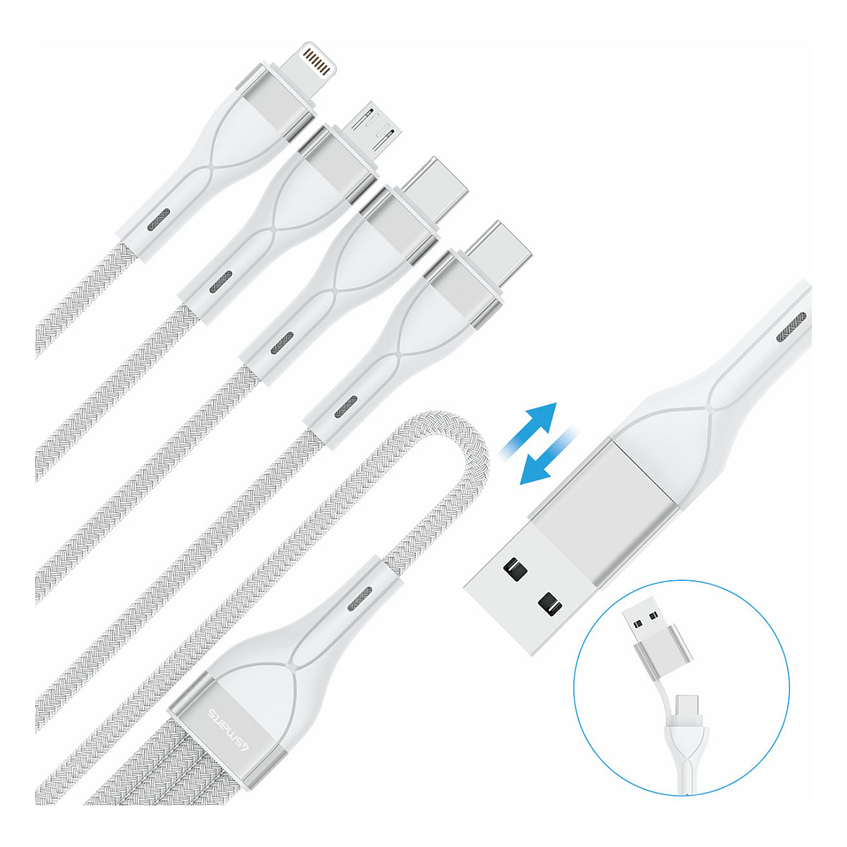Kabllo USB 4smarts USB-C/A Multi-Charging Cable 4-in-2 / 1.2m – Bardhë - 3