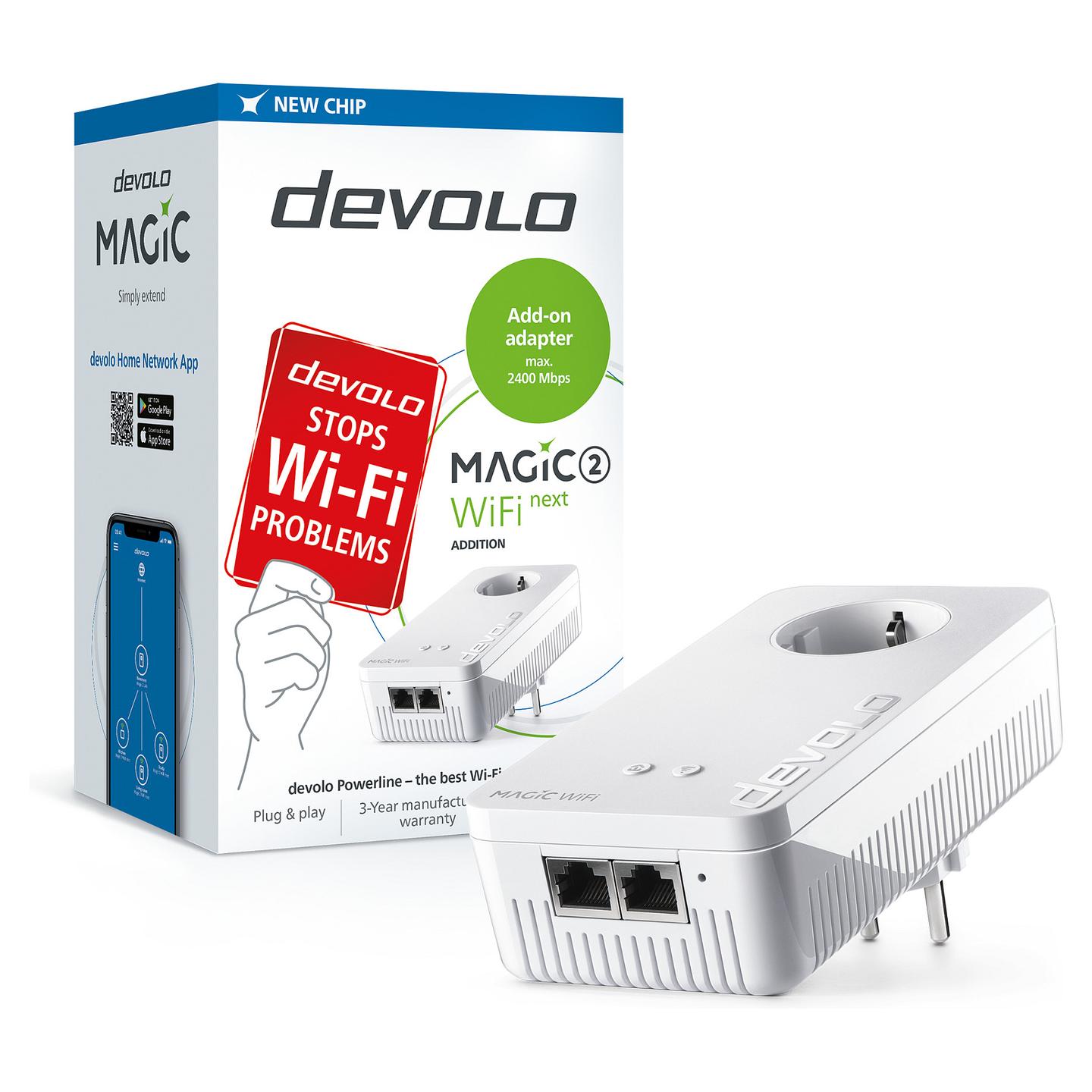 Power-LAN devolo Magic 2 WiFi next Single, 2400Mbps, G.hn, Wi-Fi 5, 2× Gigabit Ethernet, 10/100/1000Mbps, Mesh, MIMO - Bardhë