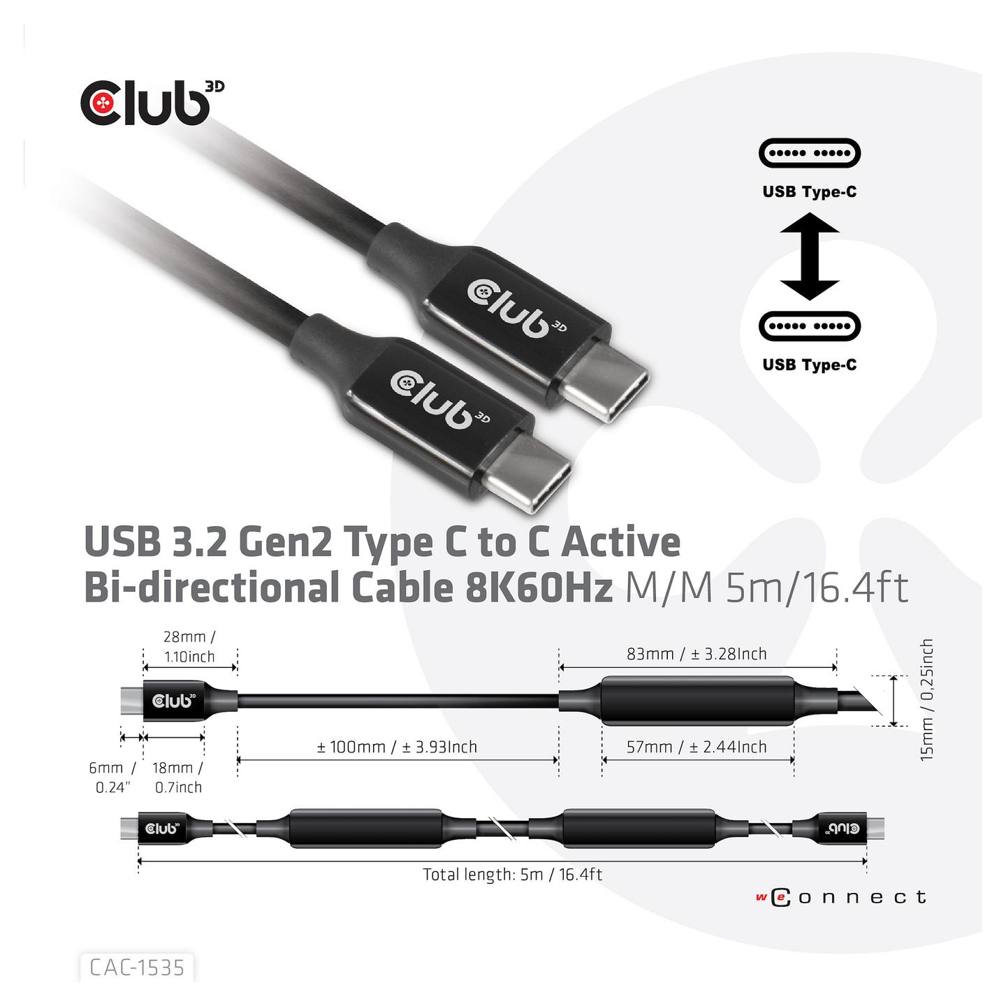 Kabllo USB Club 3D CAC-1535 / USB-C në USB-C / USB 3.2 Gen 2 / 10 Gbit/s / 8K@60Hz / 60W / 5 m - Zezë - 4