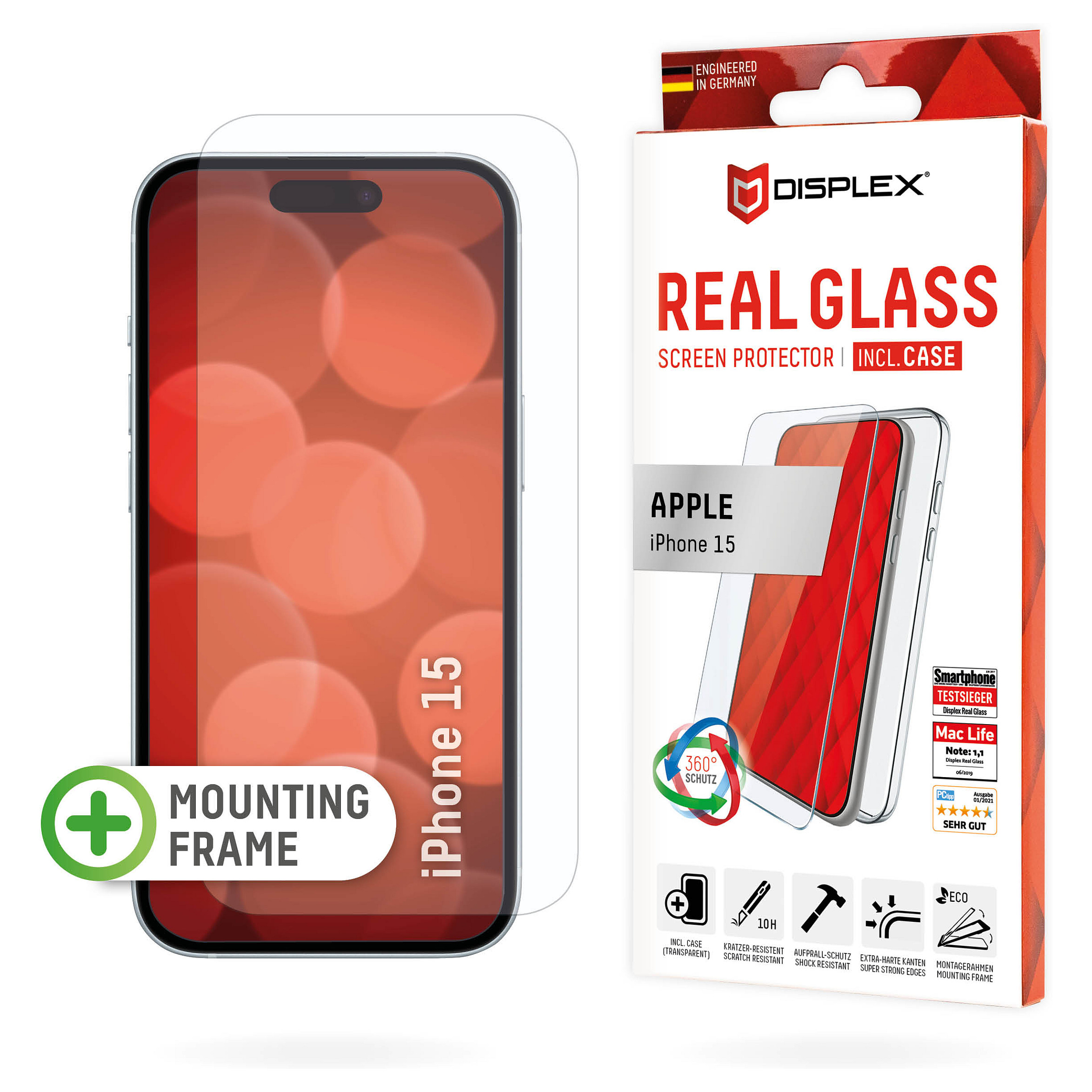 Mbrojtëse për ekran Displex 01846 / Apple iPhone 15 / Xham Tempered Glass + Case – Transparente