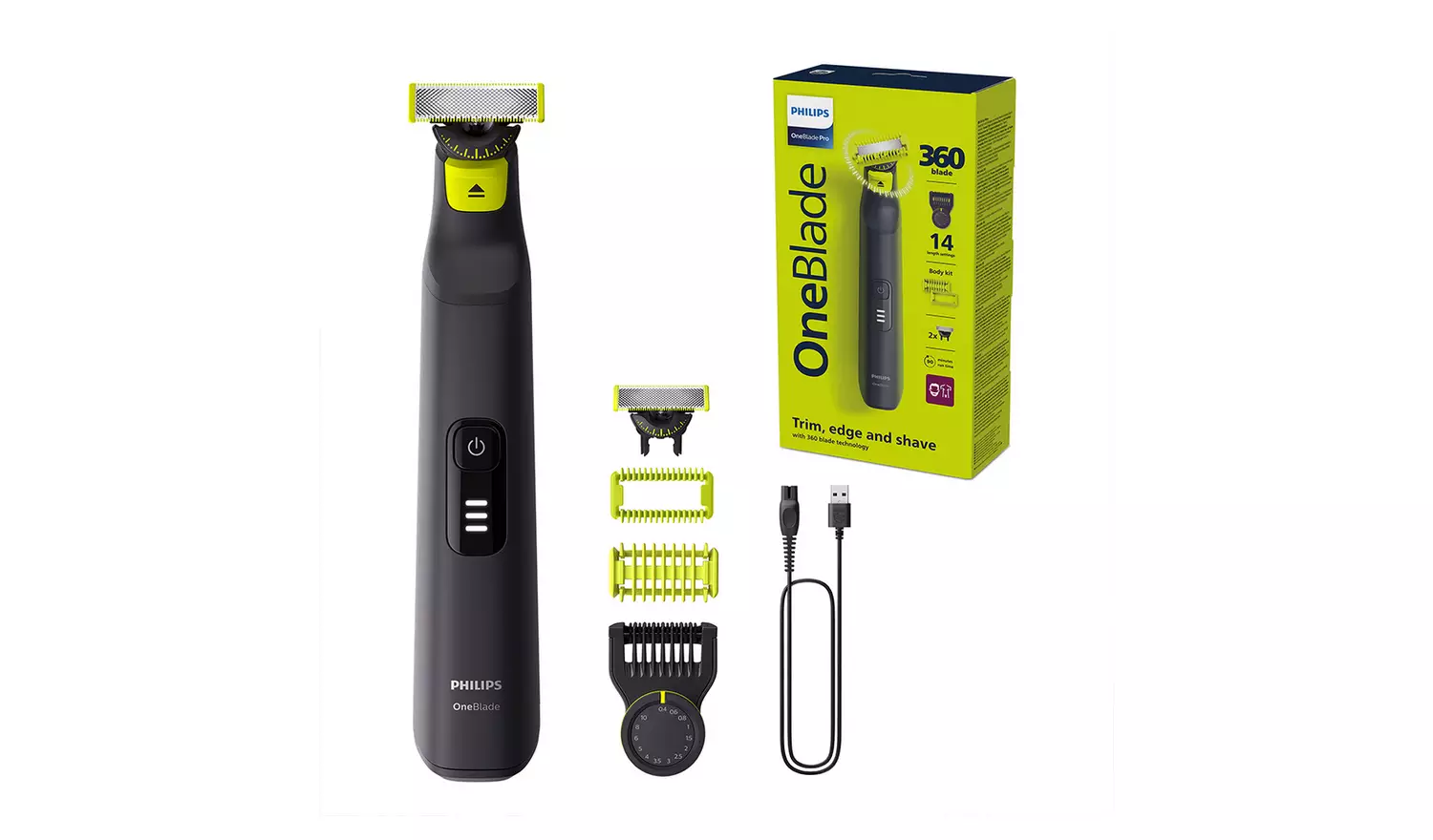 Makinë e rrojës elektrike Philips OneBlade Pro 360 QP6542/15 / Face+Body / 360 Blade / 14 Gjatësi / 0.4-10 mm / 90 min – Zezë/Gjelbër