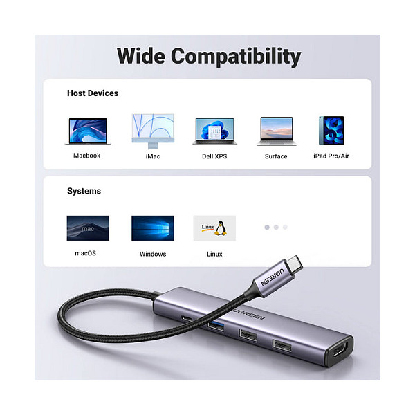 Hub UGREEN 15495 / 5-in-1 / USB-C / 100W PD / HDMI / 3x USB-A / 4K@30Hz / 5Gbps - Gri - 7