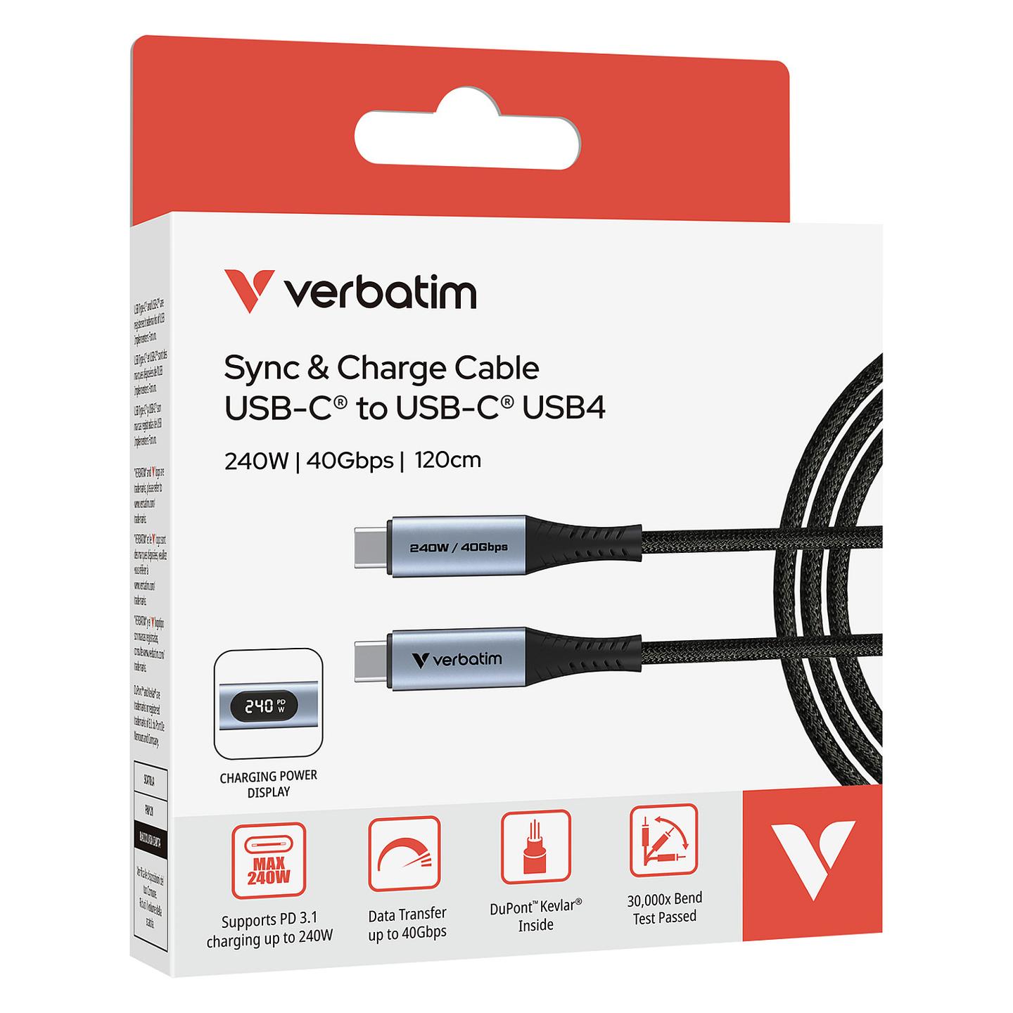 Kabllo USB Verbatim 31849, USB-C në USB-C, 120 cm, USB4, 240W, 40 Gbps, Power Delivery 3.1, Ekran LED – Zezë/Argjend - 6