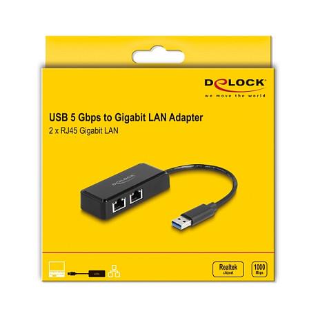 Adapter Rrjeti DeLOCK 64194, USB-A Mashkull në 2x RJ45 Femër, 2x Gigabit LAN, USB 5Gbps, Realtek RTL8153, 20cm - Zezë - 2