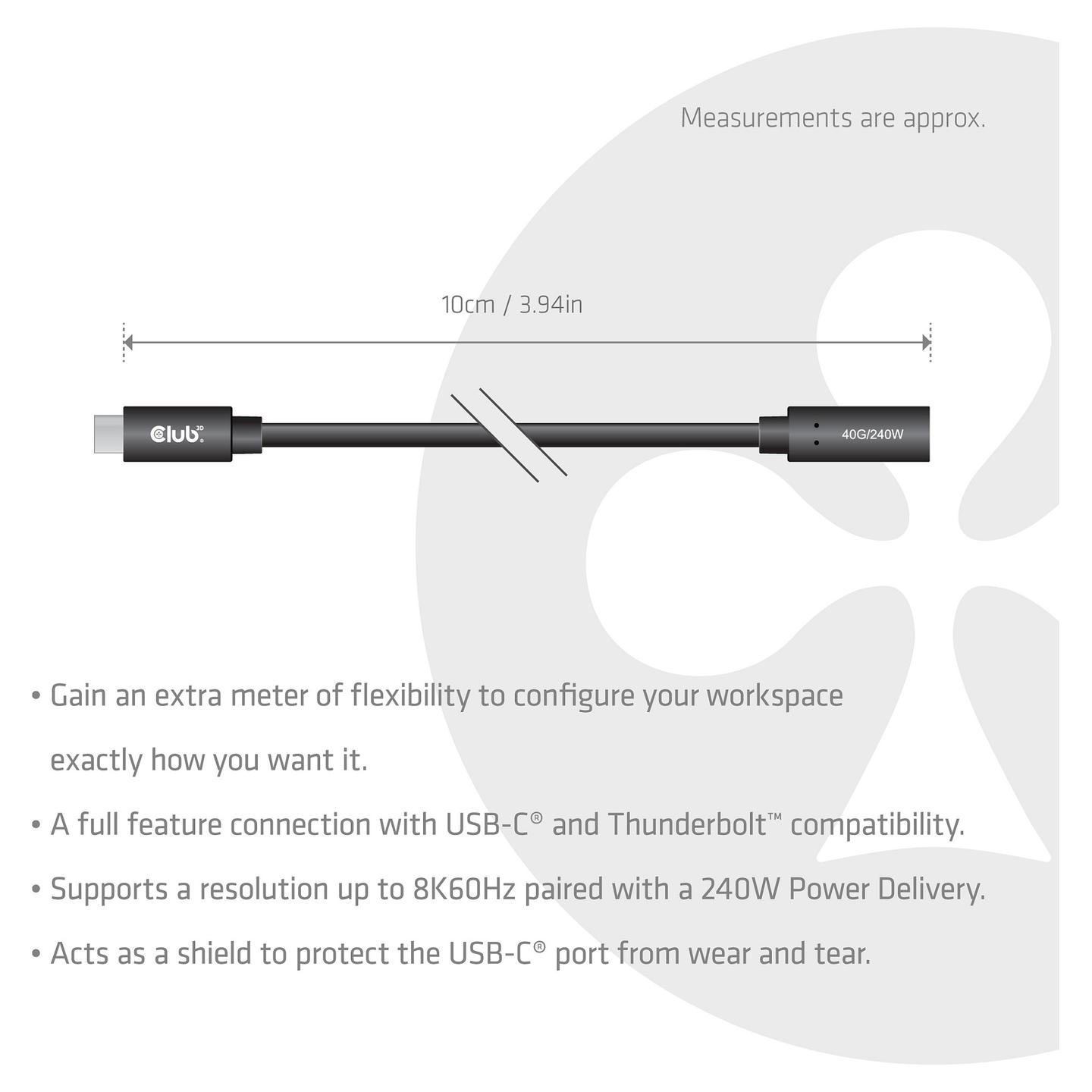 Kabllo USB Club 3D CAC-2502 / USB-C Mashkull në USB-C Femër / 40 Gbit/s / 240W / 8K@60Hz / 1m - Zezë - 3