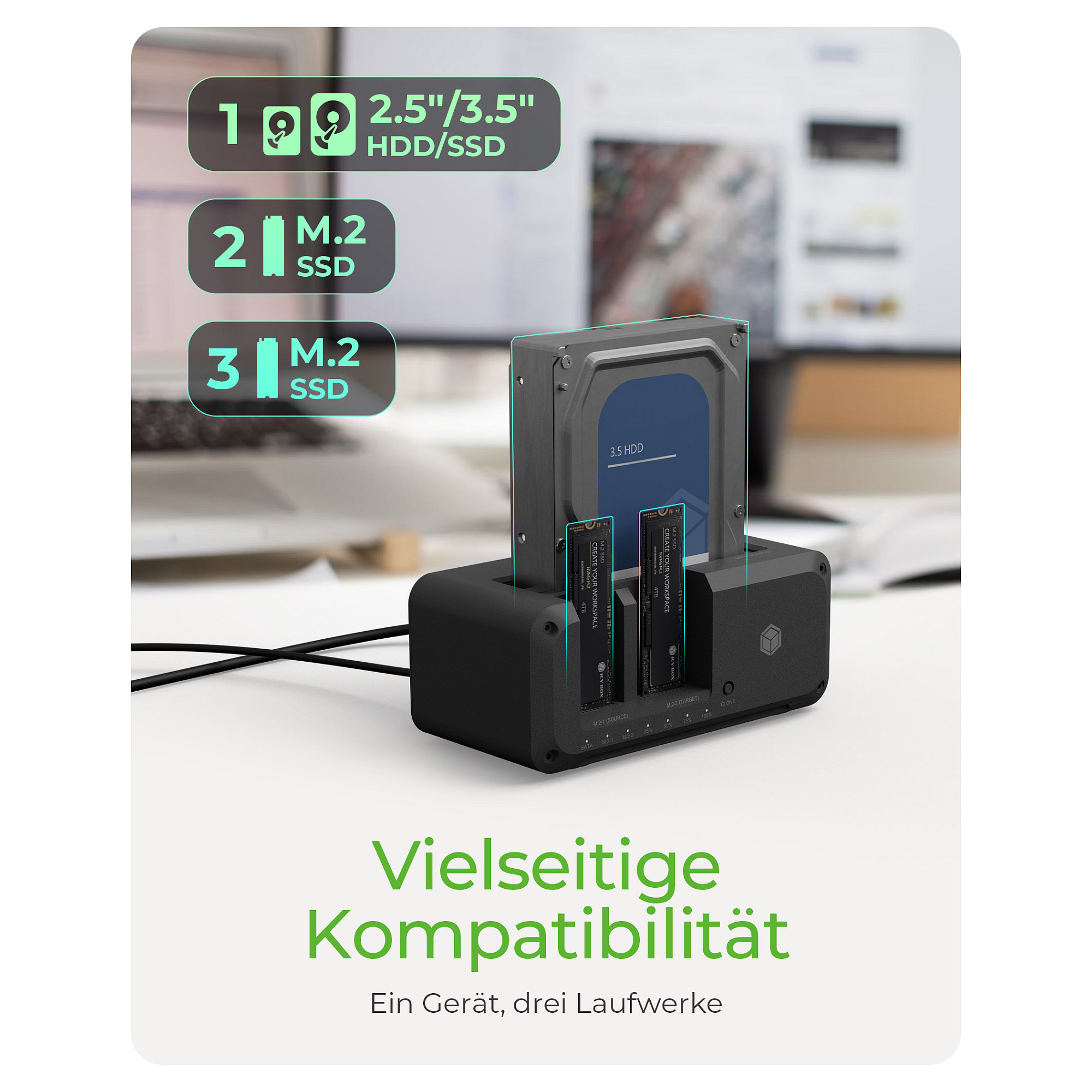 ICY BOX IB-2924MSCL-C31 USB-C 3.2 Klon- und DockingStation für 2.5"/3.5" SATA HDD und M.2 NVMe SSD - 3