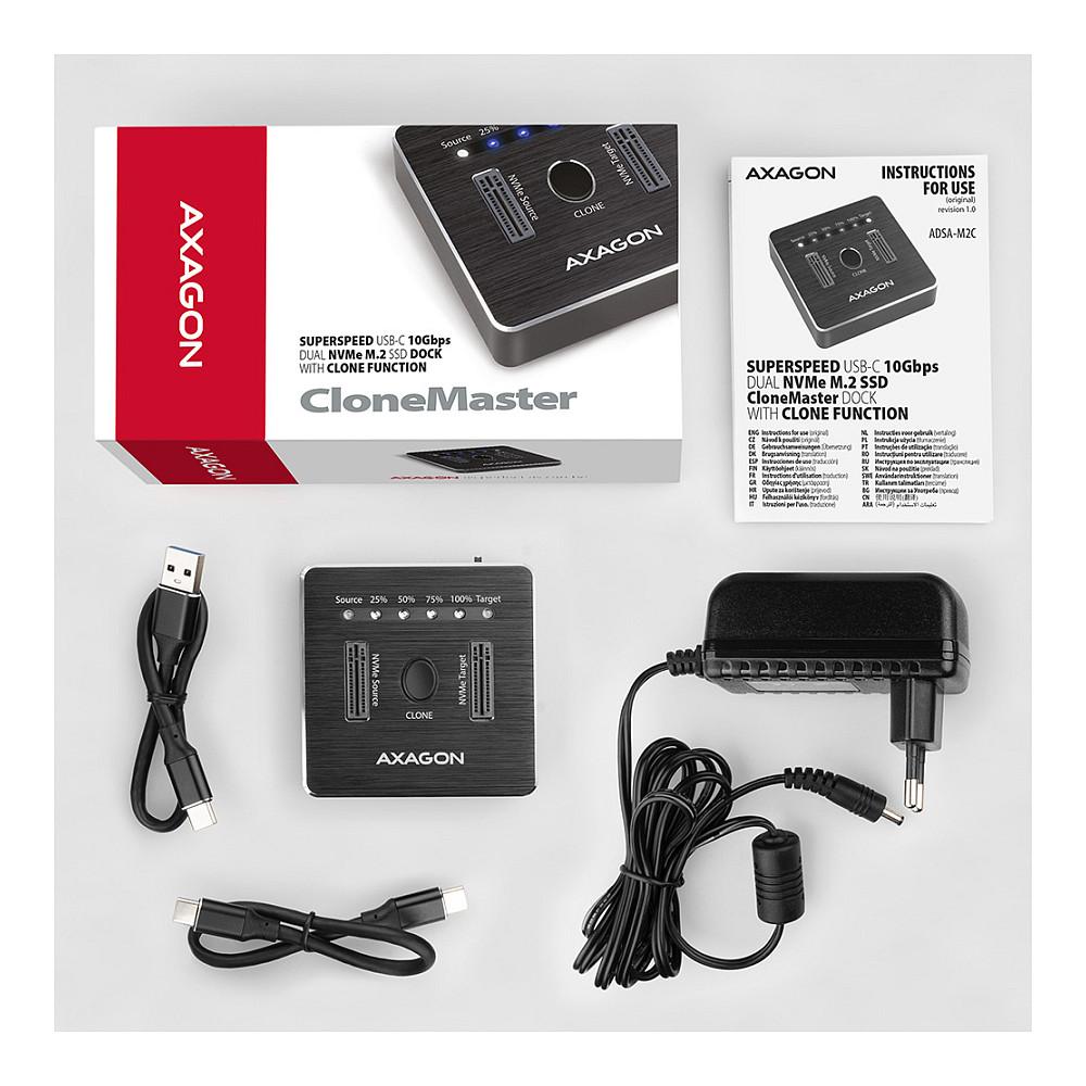 Këllëf për Disqe AXAGON ADSA-M2C, 2x M.2 NVMe, USB-C 3.2 Gen 2, 10Gbps, Klonim Pa Kompjuter - Zezë - 9
