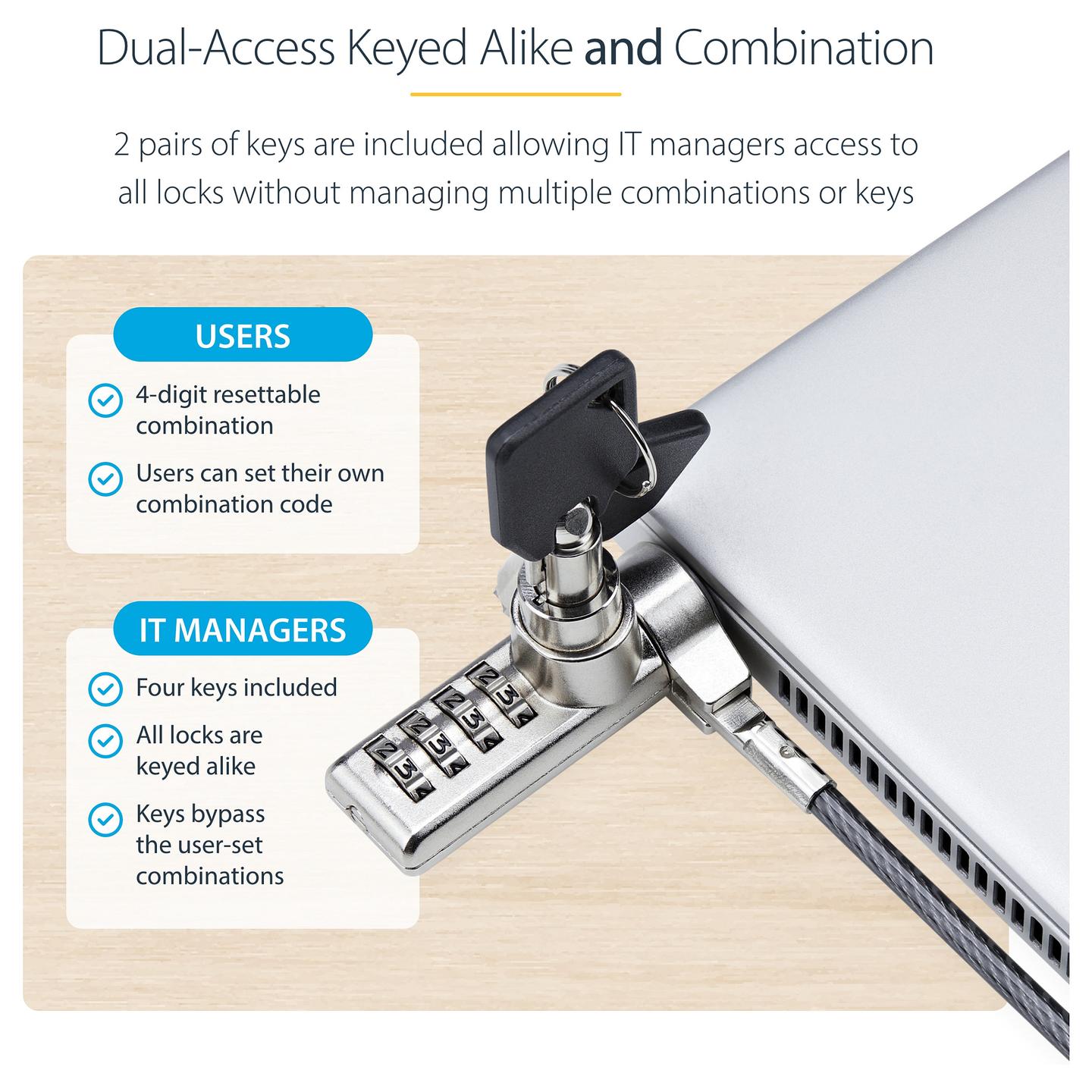 Brava Sigurie për Laptop StarTech.com DUALKA10-LAPTOP-LOCK, 10 Copë, Kabllo 2m, K-Slot, Kombinim + Çelës - Zezë, Argjend - 12