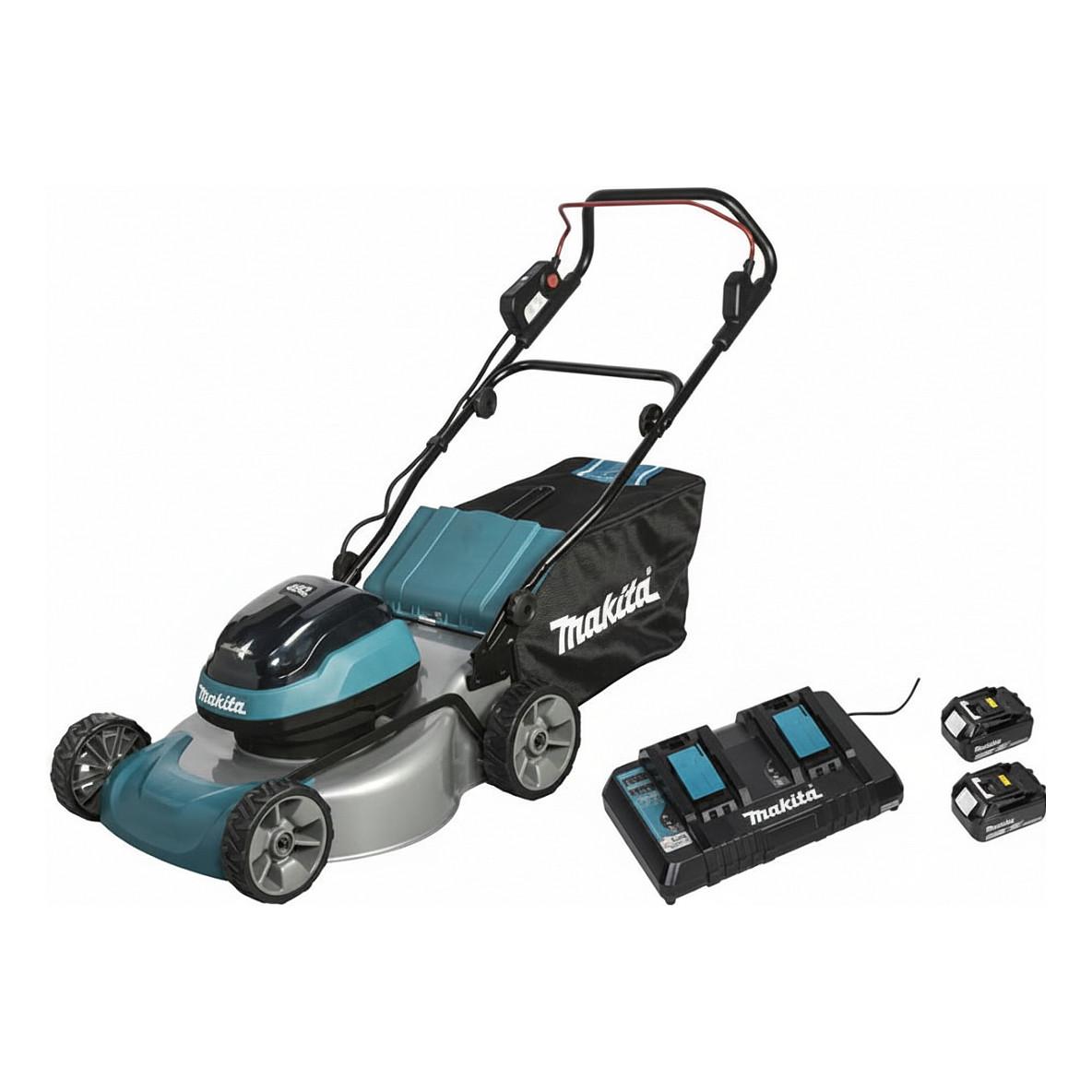Kositëse Bari me Bateri Makita DLM466PT2, 2x18V, 46cm, 20–75mm, 60L, 2x5.0Ah - Blu/Zezë