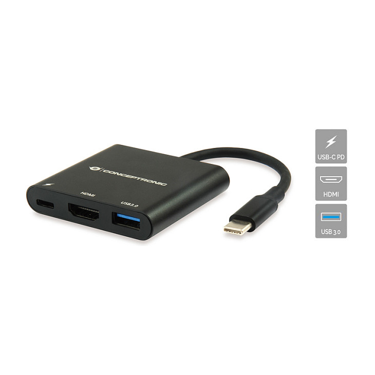 Hub Udhëtimi CONCEPTRONIC 3-në-1 USB-C në HDMI/USB-A 60W PD - Zezë - 6