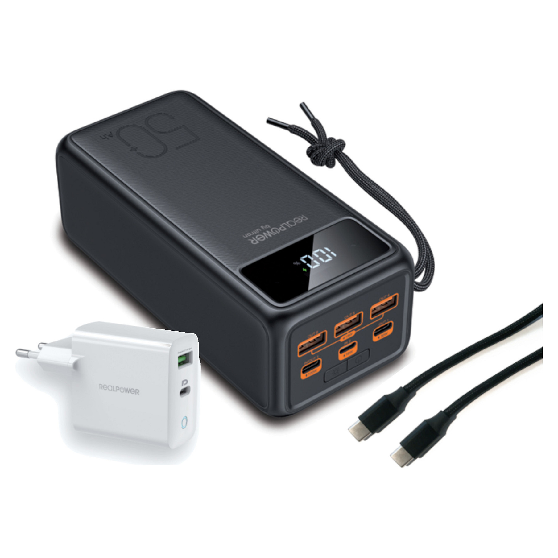 Powerbank RealPower PB-56000 PD PRO / 56000mAh / 130W / 3x USB-A + 2x USB-C / Display – Zezë - 2