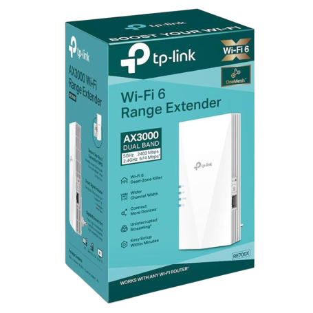 TP-Link RE700X AX3000 Wi-Fi 6 Range Extender – Dual-Band, 3000Mbps, 1× Gigabit Ethernet, 160MHz, MU-MIMO, OneMesh/EasyMesh, E Bardhë - 3