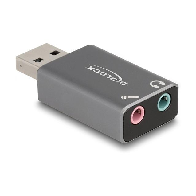 Karta e Zërit USB DeLOCK 66633 / USB 2.0 Type-A / 2× Jack 3.5 mm / Mikrofon + Altoparlant / 16 Bit / 48 kHz - Gri