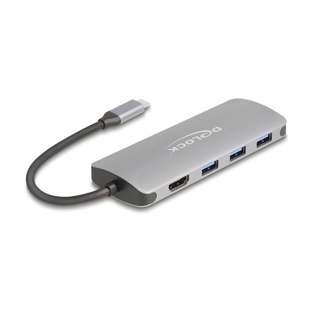 Hub USB DeLOCK 64323 / USB 10 Gbit/s / 3x USB-A + 4x USB-C / HDMI 4K @ 60Hz / Power Delivery 90W / 0.15 m - Gri