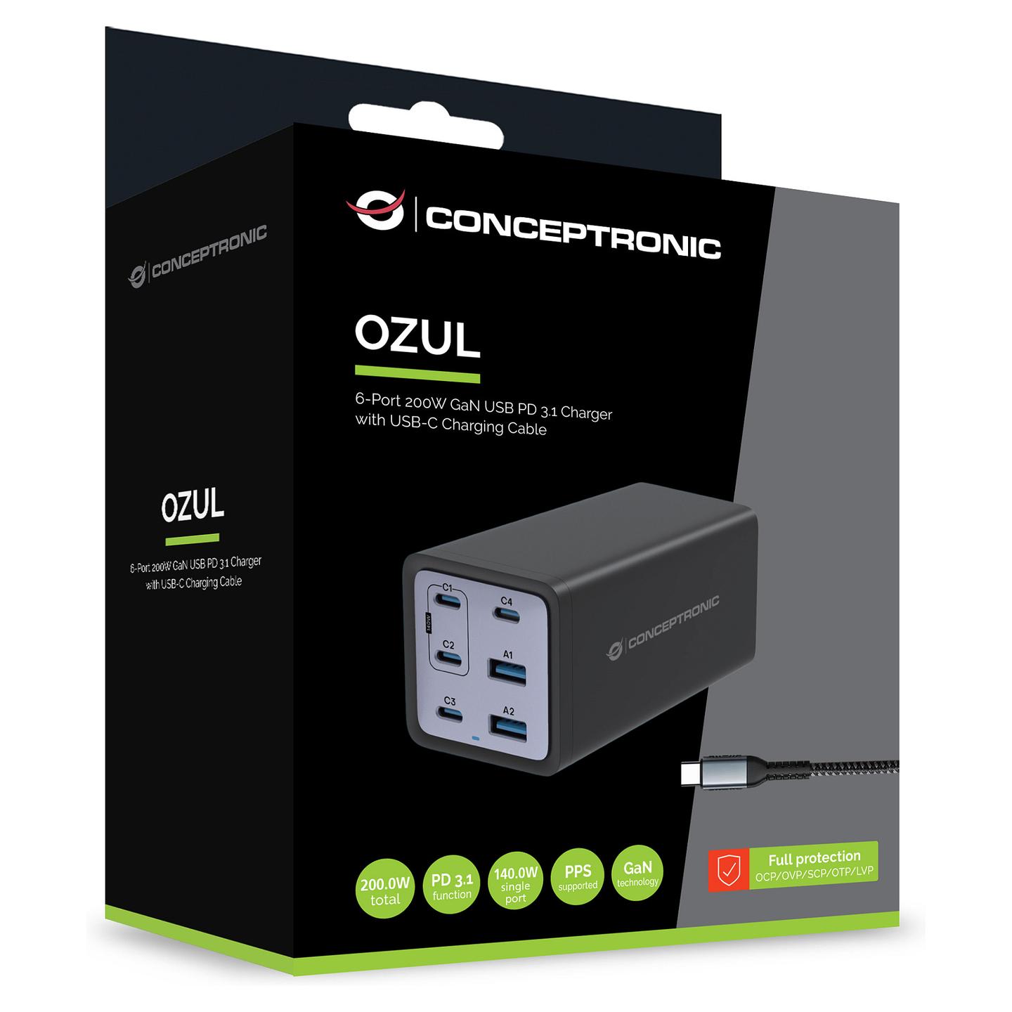 Adapter Conceptronic OZUL06BE / 200W / GaN / 4x USB-C + 2x USB-A / PD 3.1 / PPS / QC 3.0 / Kabllo USB-C - Zezë - 4